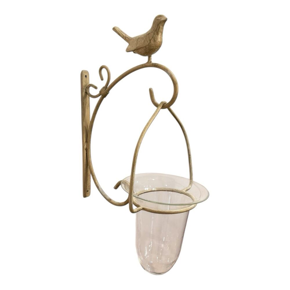 Bird Motif Wall Sconce Candle Holder Hanging Glass Bowl Metal Scrollwork Rustic